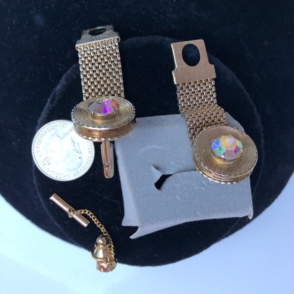 Vintage Gold Mesh Cufflinks Tie Tack Set Rivoli Rhinestones - Picture 9 of 12